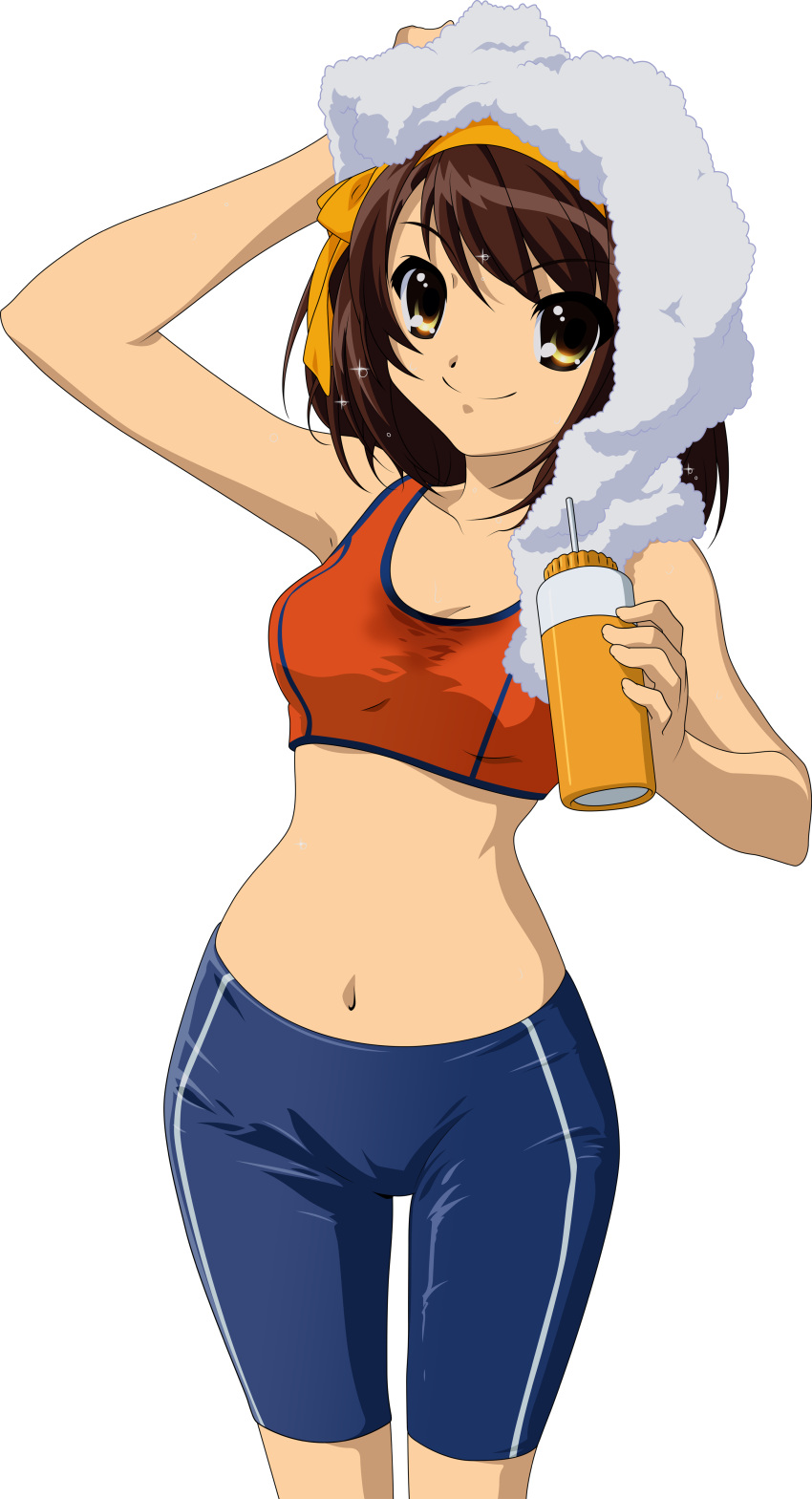 absurdres blue_shorts bottle breasts brown_eyes brown_hair cameltoe female hair_ribbon hairband highres ikeda_shouko medium_breasts midriff narrow_waist navel orange_hairband ribbon short_hair shorts smile solo spandex sports_bra suzumiya_haruhi suzumiya_haruhi_no_yuuutsu sweat towel transparent_background vector_trace water_bottle