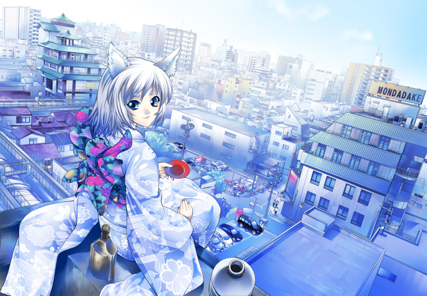 animal_ears architecture bottle cityscape commentary_request cup east_asian_architecture female gen_(genetrix) highres japanese_clothes kimono original photoshop_(medium) sakazuki scenery sitting solo_focus