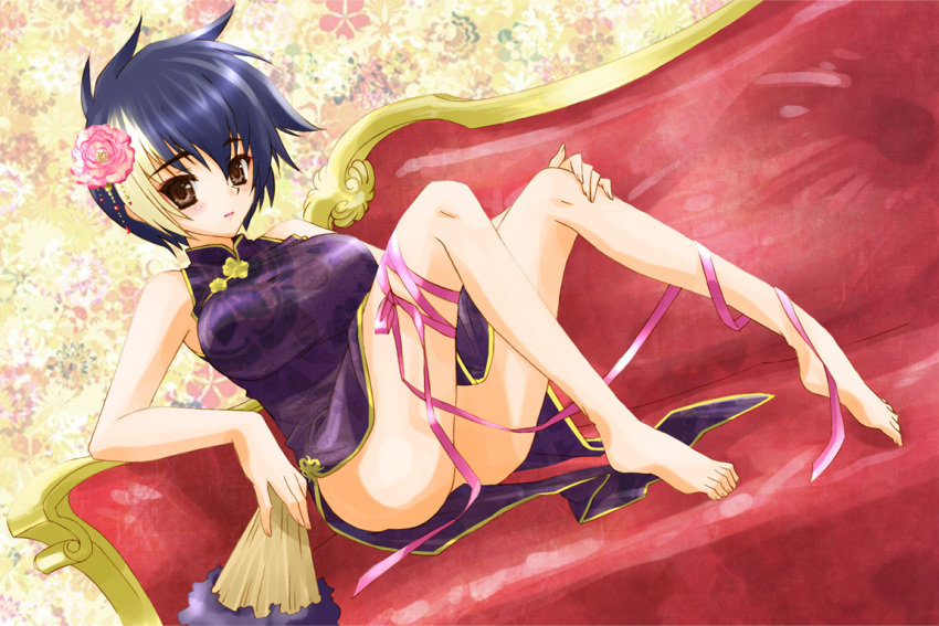 bad_id bad_pixiv_id bare_legs barefoot blue_hair breasts brown_eyes china_dress chinese_clothes couch dress feet female fingernails flower folding_fan gien hair_flower hair_ornament hand_fan koihime_musou large_breasts leg_ribbon mali multicolored_hair no_panties ribbon shirt short_hair solo taut_clothes taut_shirt thigh_ribbon toenails