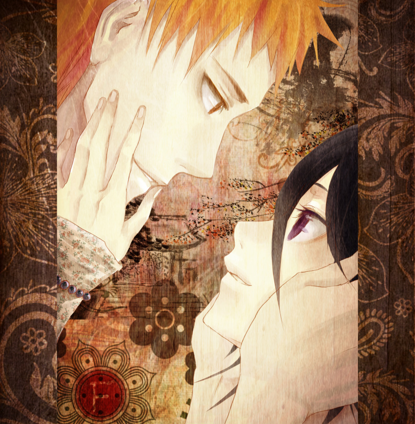 1boy absurdres bad_id bad_pixiv_id black_hair bleach fcsz3d1a female hands_on_another's_head highres kuchiki_rukia kurosaki_ichigo orange_hair photoshop_(medium) purple_eyes