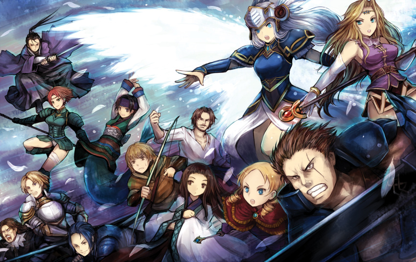 6+boys 6+girls aelia ainu ainu_clothes armor arms_up arngrim beard belenus black_hair blonde_hair blue_eyes blue_hair bow_(weapon) brown_eyes brown_hair capelet clenched_teeth commentary_request drill_hair elbow_gloves facial_hair feathers gloves headband helm helmet janus_(valkyrie_profile) japanese_clothes jelanda jun_(valkyrie_profile) kara_(color) kashell katana lawfer lenneth_valkyrie llewelyn long_hair mermaid monster_girl moustache multiple_boys multiple_girls mystina_(valkyrie_profile) nanami_(valkyrie_profile) open_mouth polearm scar short_hair staff sword teeth twin_drills twintails valkyrie valkyrie_profile_(series) weapon white_hair wings yumei_(valkyrie_profile)