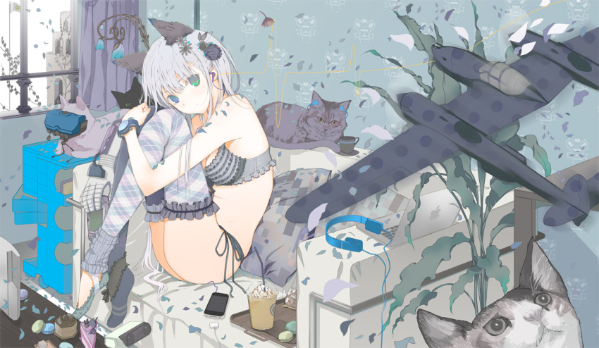 aircraft airplane animal_ears asymmetrical_legwear black_cat blue_eyes bra breasts cake cat_ears cellphone cleavage coffee commentary_request cup drinking_straw earbuds earphones extra_ears family_computer_robot feline female flower food frilled_bra frilled_legwear frills fuyuno_haruaki game_boy_advance game_console green_eyes grey_bra grey_hair grey_panties hair_flower hair_ornament handheld_game_console headphones heterochromia hugging_own_legs ice_cream iphone leg_warmers lingerie long_hair looking_at_viewer macaron medium_breasts mismatched_legwear original p-38_lightning panties phone pillow plaid plaid_legwear power_glove_(nintendo) side-tie_panties sitting smartphone solo stickam teacup thighhighs underwear underwear_only very_long_hair virtual_boy watch