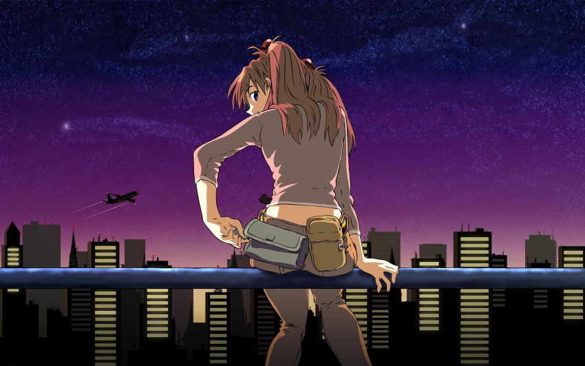 aircraft airplane cityscape female hair_ornament highres jpeg_artifacts long_hair looking_at_viewer looking_back midriff neon_genesis_evangelion red_hair sitting sky solo souryuu_asuka_langley star_(sky) starry_sky tsurumaki_kazuya two_side_up