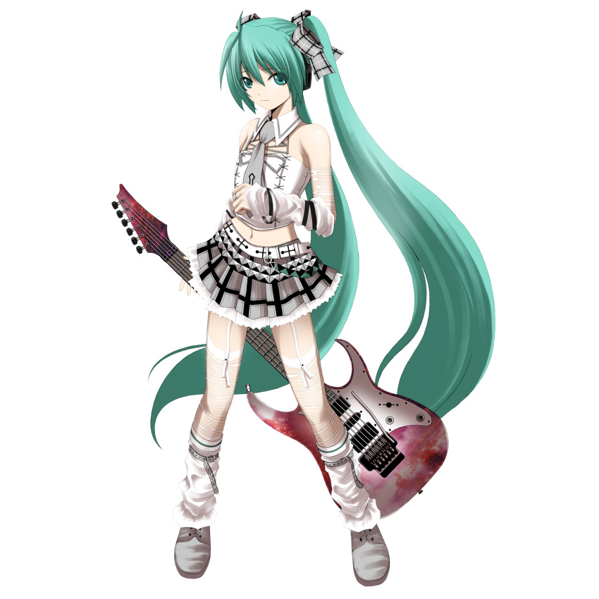 alternate_costume aqua_eyes aqua_hair bad_id bad_pixiv_id bare_shoulders belt detached_collar detached_sleeves electric_guitar female garter_straps guitar hair_ribbon hatsune_miku highres ibanez instrument jewelry kuromayu leg_warmers long_hair midriff navel necktie photoshop_(medium) ribbon ring simple_background skirt solo thighhighs twintails very_long_hair vocaloid whammy_bar