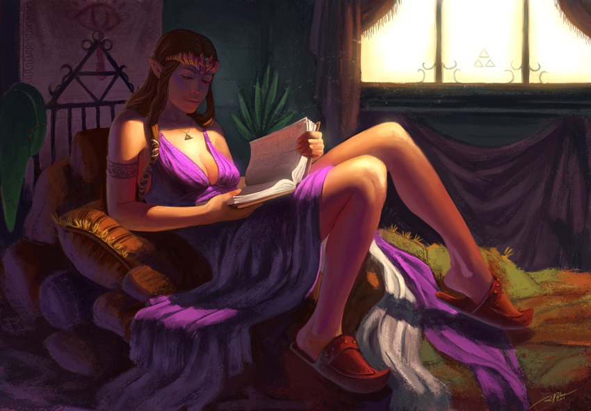 armlet arvalis book breasts brown_hair circlet cleavage commentary_request female highres jewelry medium_breasts necklace photoshop_(medium) pillow pointy_ears princess_zelda reading slippers smile solo the_legend_of_zelda triforce