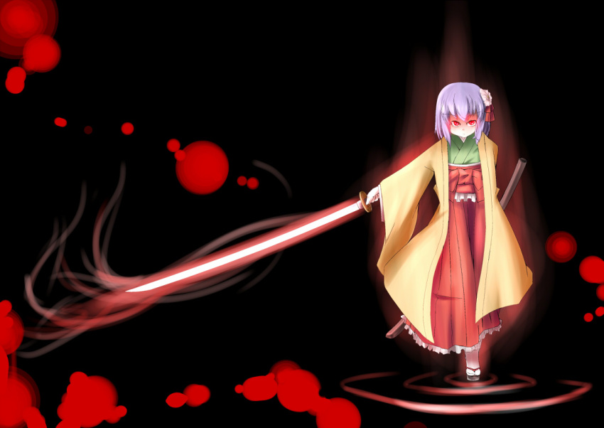 commentary_request female flower glowing glowing_eyes hair_flower hair_ornament hieda_no_akyuu japanese_clothes kazeshima_tokadame purple_hair red_eyes sheath short_hair solo sword touhou weapon