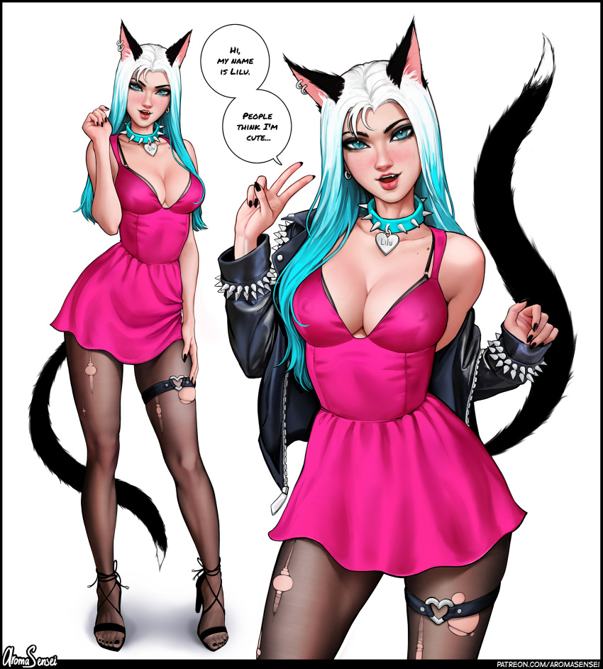 absurdres animal_ear_fluff animal_ears aqua_collar aqua_hair aroma_sensei artist_name black_bra black_jacket black_nails black_pantyhose blue_eyes bra bra_peek bracelet breasts cat_ears cat_girl cat_tail cleavage collar collarbone commentary dress earrings english_commentary english_text extra_ears female full_body gradient_hair hand_on_own_leg hand_up highres jacket jewelry lilu_(aroma_sensei) long_hair long_sleeves looking_at_viewer medium_breasts mole multicolored_hair multiple_views nail_polish open_clothes open_jacket open_mouth original pantyhose patreon_username pink_dress short_dress simple_background speech_bubble spiked_bracelet spiked_collar spikes standing straight_hair tail thigh_strap thighhighs torn_clothes torn_pantyhose torn_thighhighs underwear unzipped v web_address white_background white_hair