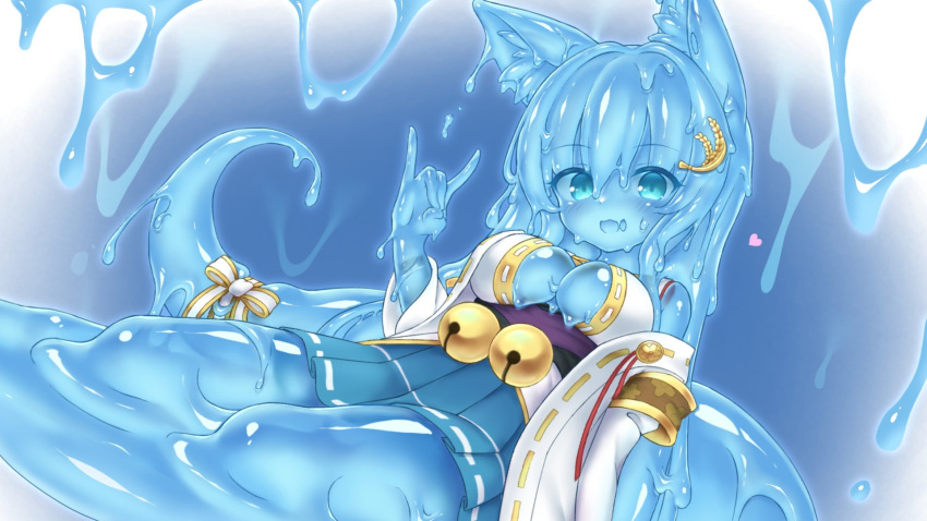 :d \m/ aqua_eyes blue_skin breasts center_opening colored_skin curss detached_sleeves female hair_ornament highres indie_virtual_youtuber looking_at_viewer medium_breasts miniskirt mitomori_tsubaki monster_girl monsterification pleated_skirt skirt slime_(substance) slime_girl slimification smile solo virtual_youtuber