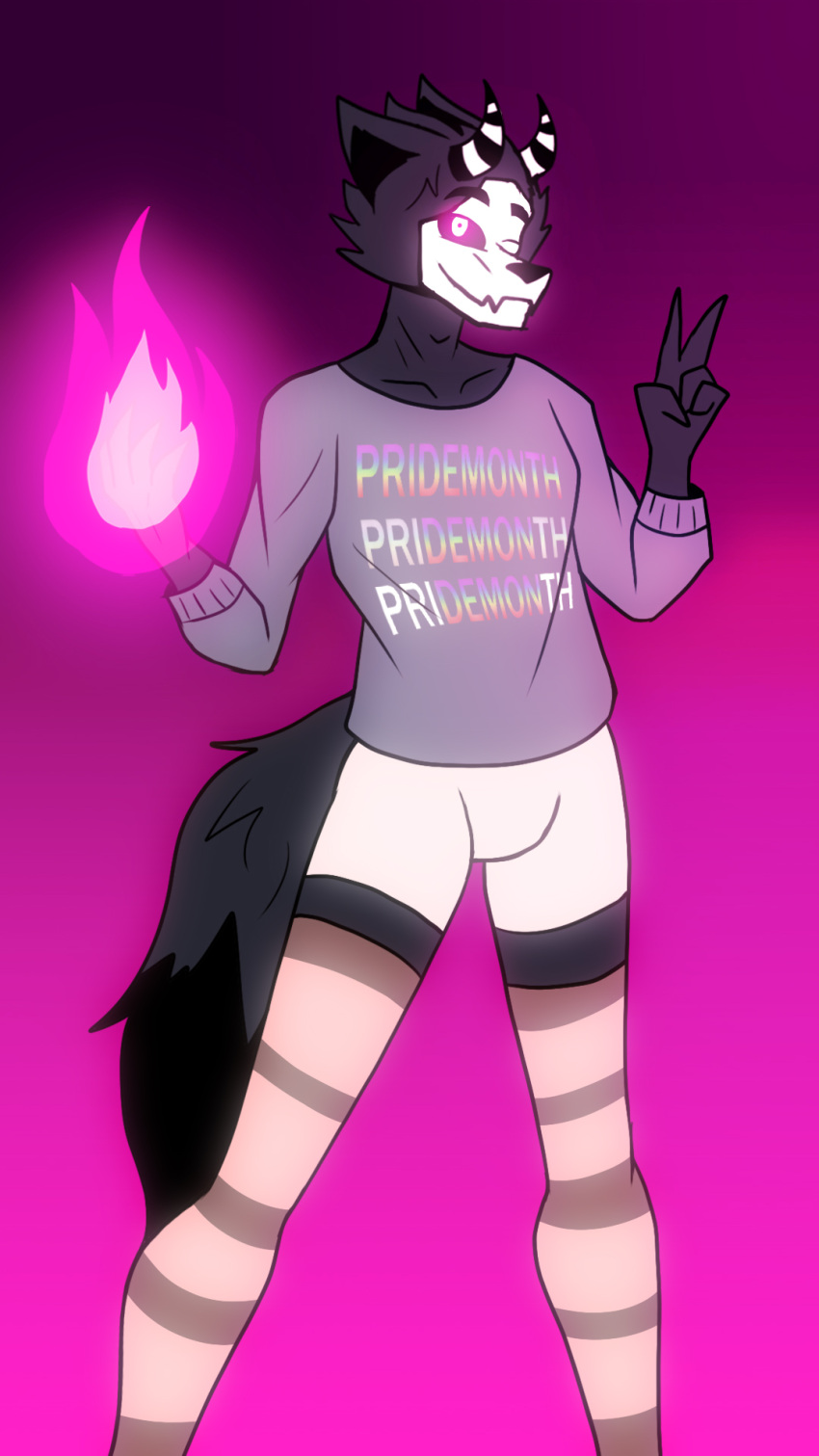 9:16 anthro black_body bone boxers_(clothing) clothed clothing demon elemental_manipulation fire fire_manipulation fluffy fluffy_tail glowing glowing_eyes hi_res horn kimero_kat legwear lgbt_pride lgbt_pride_month long_sleeve_shirt long_socks male multicolored_clothing multicolored_long_sleeve_shirt multicolored_shirt multicolored_text multicolored_topwear pattern_clothing pattern_legwear powers pri(demon)th pride_color_clothing pride_color_long_sleeve_shirt pride_color_shirt pride_color_text pride_color_topwear pride_colors rainbow_pride_colors shirt six-stripe_rainbow_pride_colors skull skull_head smile solo striped_clothing striped_horn striped_legwear stripes tail text topwear underwear