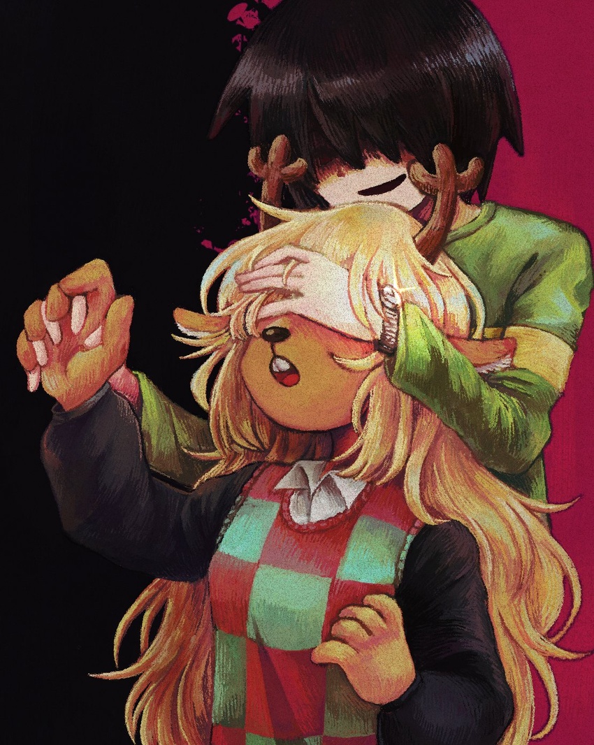 5_fingers adolescent anthro antlers black_hair blonde_hair breasts buckteeth checkered checkered_clothing checkered_topwear clock clothing collared_shirt covering covering_eyes covering_face deer deltarune detailed doe_with_antlers dominant dominant_male duo emotional_manipulation female fingers hair hair_over_eyes hand_holding hands_together hi_res hidden_eyes horn human kris_(deltarune) lakuta long_hair male male/female male_dominating_female mammal manipulation new_world_deer noelle_holiday open_mouth pattern_clothing pattern_shirt pattern_topwear possessive reindeer shirt short_hair small_breasts smile snowgrave striped_clothing striped_shirt striped_topwear stripes stylized_background submissive submissive_female surprised_expression sweater sweater_vest teeth topwear undertale_(series) vest watch wristwatch young