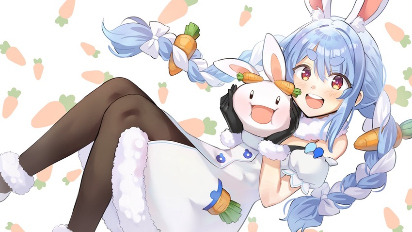 :d animal animal_ear_fluff animal_ears bangs banned_artist bare_shoulders black_gloves blue_hair bow braid carrot carrot_hair_ornament carrot_print coat commentary detached_sleeves don-chan_(usada_pekora) extra_ears feet_out_of_frame female food-themed_hair_ornament food_print fur-trimmed_coat fur-trimmed_gloves fur_trim gloves hair_ornament hairbow holding holding_animal hololive jagaimo_(kkamja) long_hair looking_at_viewer multicolored_hair nousagi_(usada_pekora) open_mouth orange_eyes pantyhose pocket puffy_short_sleeves puffy_sleeves rabbit_ears scarf short_sleeves sidelocks smile solo strapless_coat swept_bangs teeth twin_braids two-tone_hair upper_teeth usada_pekora virtual_youtuber white_background white_bow white_coat white_hair white_scarf