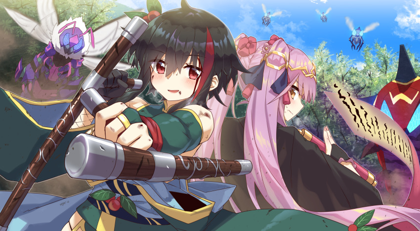 2girls animal back-to-back bare_shoulders black_cape black_gloves black_hair blush bridal_gauntlets brown_eyes bug cape closed_mouth commentary_request commission day dual_wielding flower flower_knight_girl flying gajumaru_(flower_knight_girl) gloves green_shirt hair_between_eyes hair_flower hair_ornament highres holding holding_weapon long_hair looking_at_viewer looking_back mizunashi_(second_run) multicolored_hair multiple_girls outdoors outstretched_arm oversized_animal parted_lips pink_hair pixiv_commission profile red_eyes red_flower red_hair shirt single_glove sleeveless sleeveless_shirt smile streaked_hair tonfa twintails very_long_hair wabisuke_(flower_knight_girl) weapon