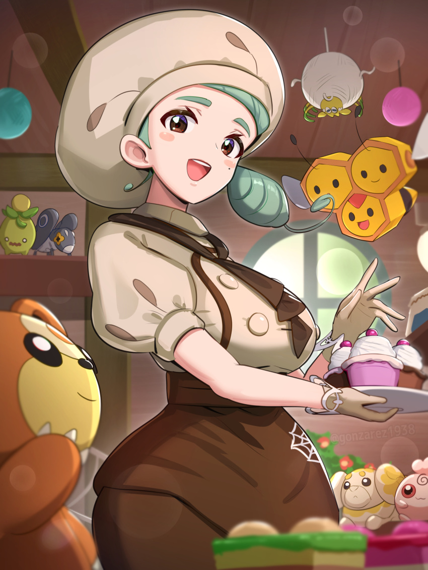 :d apron artist_name ascot blurry blurry_foreground blush_stickers breasts brown_apron brown_ascot brown_eyes brown_skirt buttons ceiling chef_hat combee commentary_request cupcake female fidough food gloves gonzarez green_hair hat highres holding igglybuff indoors katy_(pokemon) large_breasts light_green_hair looking_down low_side_ponytail mole mole_on_cheek nymble open_mouth pokemon pokemon_(creature) pokemon_sv puffy_short_sleeves puffy_sleeves shirt short_sleeves side_ponytail skirt smile smoliv spider_web_print tarountula teddiursa teeth underbust upper_teeth_only waist_apron