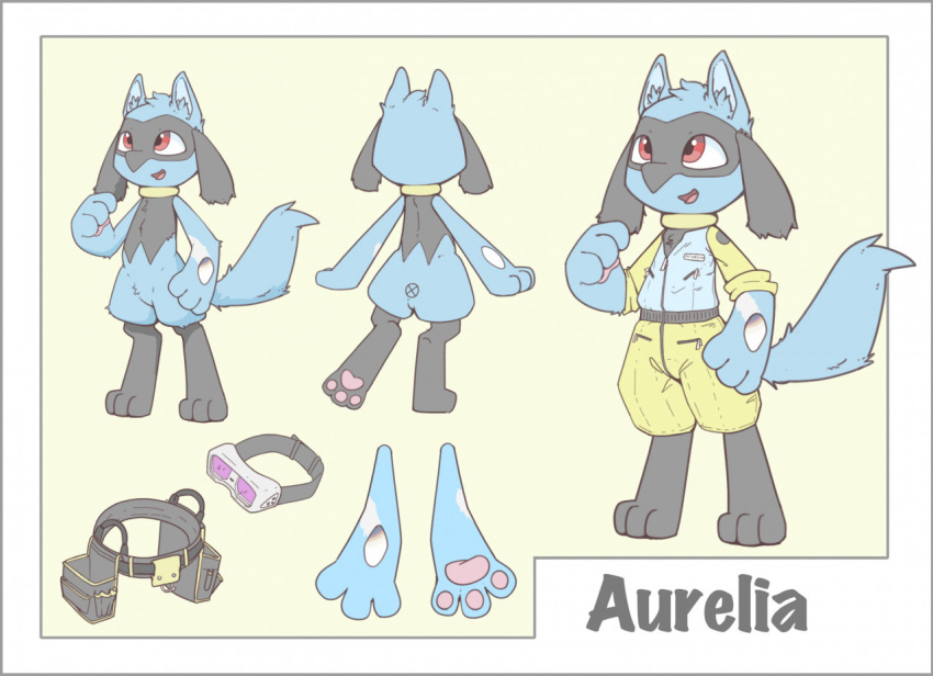 anthro aurelia_(draycros) canid canine clothed clothing english_text eyewear female fur fur_tuft generation_4_pokemon goggles imgonnaloveyou inner_ear_fluff jumpsuit looking_forward looking_up mammal model_sheet multiple_poses nintendo nude pawpads pink_pawpads pokemon pokemon_(species) pose riolu scar semi-anthro simple_background solo standing text tool_belt tuft welding_goggles young young_anthro