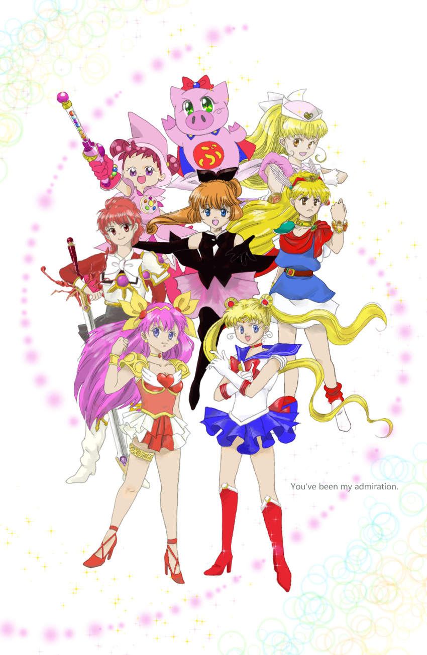 6+girls :d ai_tenshi_densetsu_wedding_peach akazukin_chacha armor bishoujo_senshi_sailor_moon black_gloves black_skirt blonde_hair blue_eyes blue_sailor_collar blue_skirt boots bow bowtie brown_eyes brown_hair buurin_(tonde_buurin) cape chacha_(akazukin_chacha) chita_(thimo14) choker closed_mouth collarbone commentary_request crossover double_bun elbow_gloves english_text floating_hair gloves green_eyes hair_bun hairbow hanasaki_momoko haneoka_meimi happy harukaze_doremi hat high_heel_boots high_heels highres holding holding_wand kaitou_saint_tail knee_boots long_hair long_sleeves looking_at_viewer magic_knight_rayearth magical_girl magical_princess miniskirt moriya_ririka multiple_crossover multiple_girls nurse_angel nurse_angel_ririka_sos ojamajo_doremi open_mouth pink_headwear pink_skirt pleated_skirt purple_eyes purple_hair red_bow red_cape red_choker red_eyes red_footwear red_hair red_shirt sailor_collar sailor_moon sailor_senshi_uniform saint_tail school_uniform serious shidou_hikaru shirt short_hair shoulder_armor skirt smile sparkle sword teeth tonde_buurin tsukino_usagi twintails upper_teeth_only wand weapon wedding_peach white_bow white_bowtie white_gloves yellow_bow yellow_choker