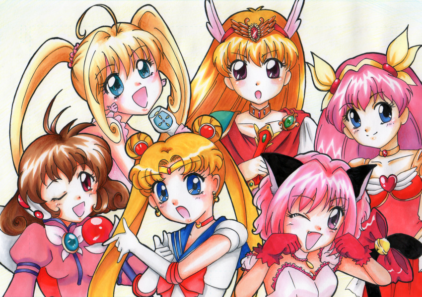 6+girls :d :o ;d ai_tenshi_densetsu_wedding_peach akazukin_chacha animal_ears bishoujo_senshi_sailor_moon blonde_hair blue_eyes blue_sailor_collar bow brown_hair cat_ears chacha_(akazukin_chacha) choker corrector_yui crescent crescent_earrings crossover double_bun earrings elbow_gloves gloves green_eyes hair_bun hairbow hanasaki_momoko happy highres holding jewelry kasuga_yui long_hair looking_at_viewer magical_girl magical_princess mermaid_melody_pichi_pichi_pitch mew_ichigo momomiya_ichigo multiple_crossover multiple_girls nanami_lucia oerba_yun_fang one_eye_closed open_mouth parted_bangs pink_hair red_bow red_choker red_gloves sailor_collar sailor_moon sailor_senshi_uniform simple_background smile tokyo_mew_mew traditional_media tsuki_ni_kawatte_oshioki_yo tsukino_usagi twintails upper_body wedding_peach white_gloves yellow_bow you_ma