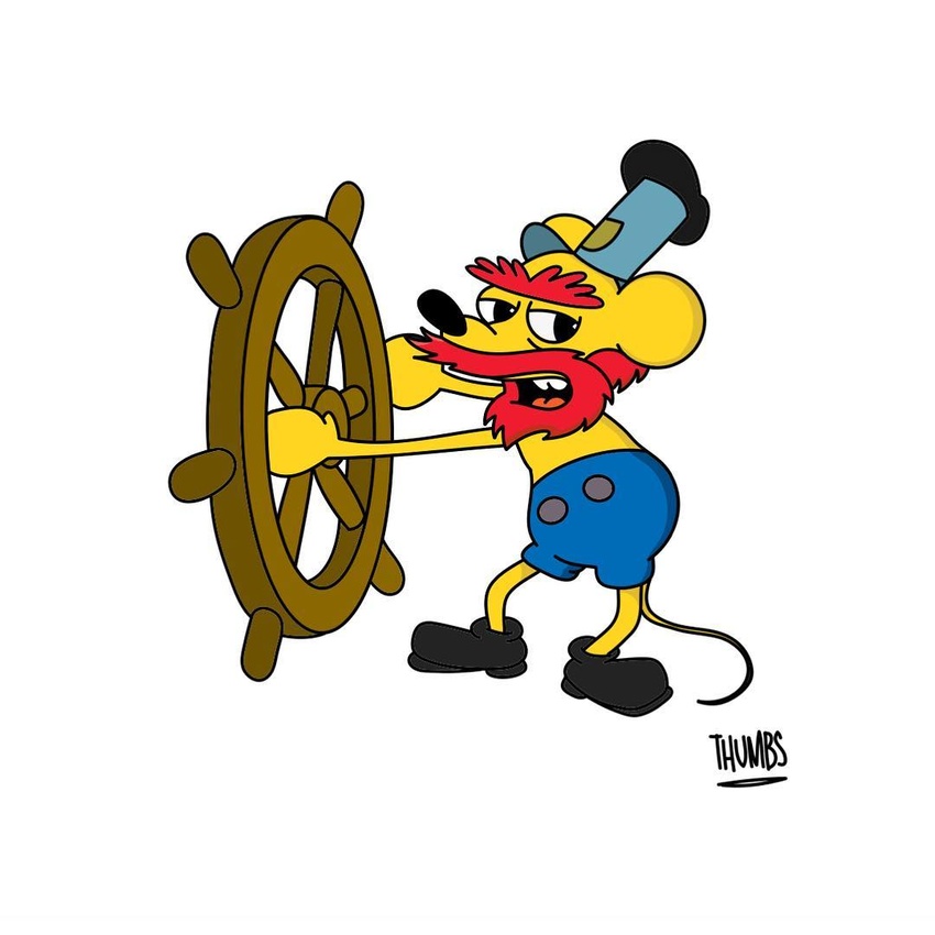 1:1 beard clothed clothing compression_artifacts disney eyebrows facial_hair footwear groundskeeper_willie hat headgear headwear humor male mammal mickey_mouse pun rodent round_ears shoes simple_background solo steamboat_willie steering_wheel the_simpsons thumbs1 topless unibrow what what_has_science_done white_background