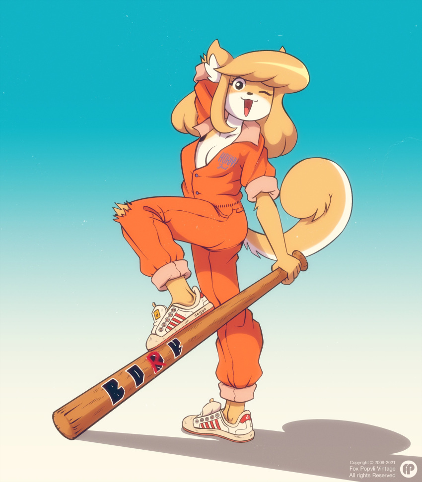 2021 absurd_res anthro bangs baseball_bat bat_(object) blonde_hair blue_background bonk_(meme) breasts butterscotch_(peargor) canid canine canis cel_shading cleavage clothed clothing colored conditional_dnp coveralls curled_tail digital_media_(artwork) domestic_dog english_text exposure_variation female footwear fox-pop full-length_portrait fully_clothed fur go_to_horny_jail gradient_background hair hi_res holding_object holding_weapon jumpsuit light lighting mammal meme multicolored_body multicolored_fur one_eye_closed open_mouth orange_clothing oversized_clothing plantigrade portrait pose prison_uniform prisoner shaded shadow shiba_inu shoes side_view simple_background smile sneakers solo spitz tail text text_on_clothing text_on_footwear text_on_shoes tomboy two_tone_body two_tone_fur watermark weapon white_background white_body white_fur white_text wink yellow_body yellow_fur