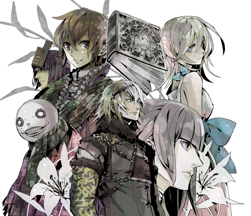 bandages closed_mouth commentary emil_(nier) english_commentary flower grey_hair grimoire_weiss highres kaine_(nier) long_hair looking_at_viewer masked_king multiple_boys multiple_girls nier nier_(brother) nier_(series) ritsuko_(rittii) short_hair smile white_background white_hair yonah