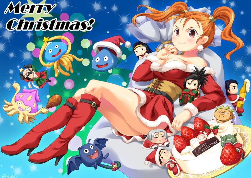 breasts brown_eyes christmas christmas_tree closed_mouth dragon_quest dragon_quest_viii dress earrings hero_(dq8) highres jessica_albert jewelry kukuru_(dq8) long_hair looking_at_viewer marcello medea_(dq8) merry_christmas morrie_mozzarella multiple_boys multiple_girls nise_(nisej) orange_hair red_(dq8) slime_(dragon_quest) smile twintails yangus