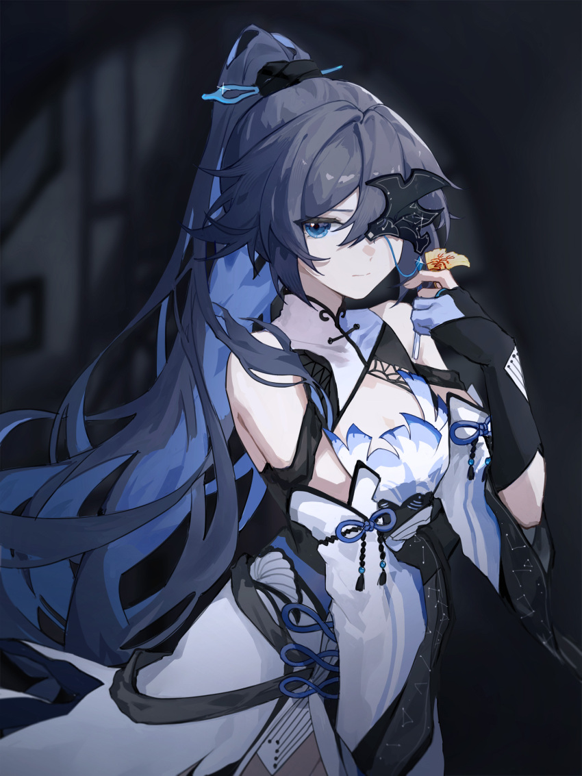 bad_id bad_lofter_id bare_shoulders black_background black_gloves black_hair blue_eyes china_dress chinese_clothes closed_mouth detached_sleeves dress female fu_hua gloves hair_between_eyes highres honkai_(series) honkai_impact_3rd long_hair looking_at_viewer one_eye_covered partially_fingerless_gloves ponytail qqqne solo white_dress white_sleeves