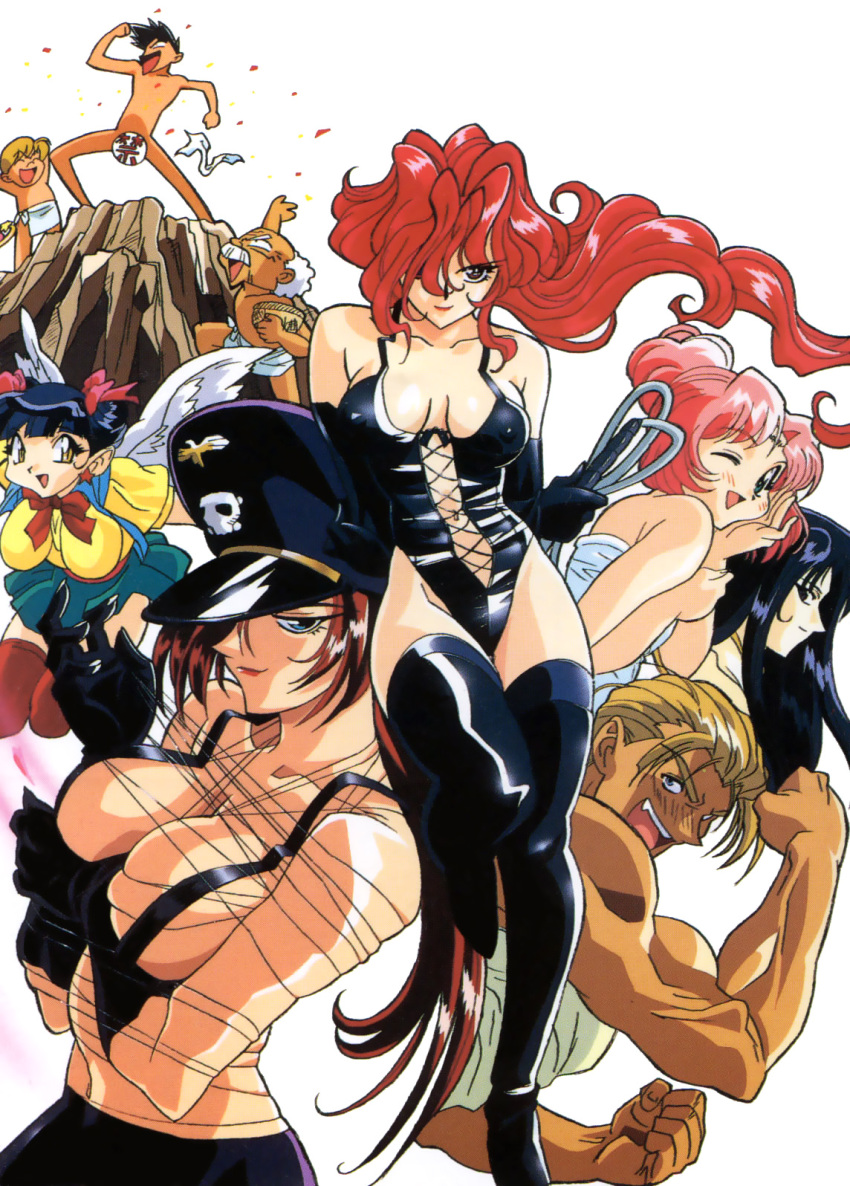 1990s_(style) 4girls 5boys angel_wings bakuretsu_hunters black_hair black_legwear blonde_hair blue_eyes blue_hair bondage boots breasts carrot_glace censored chocolate_misu confetti daughter_(bakuretsu_hunters) garrote gateau_mocha gotou_keiji green_eyes hat highres jeeves_(bakuretsu_hunters) large_breasts long_hair marron_glace medium_breasts metal_wire multiple_boys multiple_girls muscular navel nude official_art one_eye_closed photoshop_(medium) pink_hair potato_chips_(bakuretsu_hunters) red_eyes red_hair retro_artstyle revealing_clothes salad_chips simple_background skindentation smile thigh_boots thighhighs tira_misu towel whip white_background wings