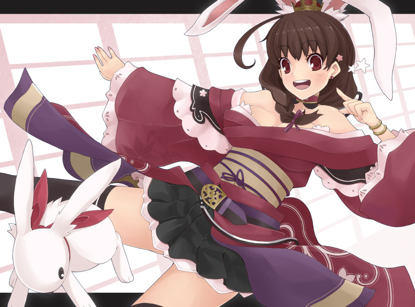 animal animal_ears brown_eyes brown_hair japanese_clothes kimono original rabbit ribbons skirt tawara_hiryuu