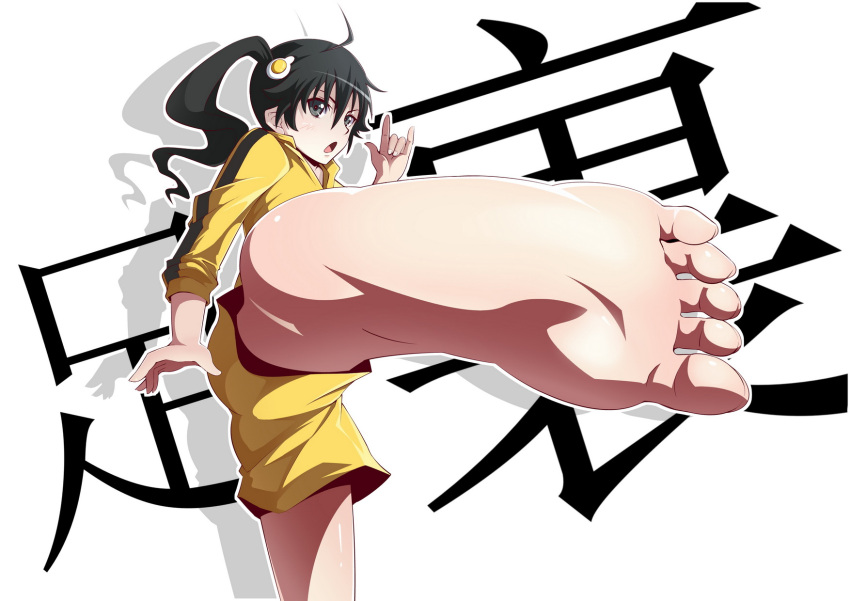 52ikaros ahoge araragi_karen bad_id bad_pixiv_id barefoot black_eyes black_hair egg_(food) egg_hair_ornament feet female food food-themed_hair_ornament foot_focus fried_egg hair_ornament highres jacket kicking long_hair monogatari_(series) nisemonogatari side_ponytail sleeves_pushed_up soles solo toes track_jacket