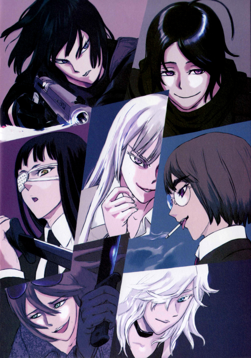 6+girls absurdres black_hair blue_eyes camouflage chequita choker cigarette eyepatch eyewear_on_head glasses gloves highres jormungand_(manga) karen_low knife koko_hekmatyar mildred military military_uniform minami_amada multiple_girls necktie non-web_source official_art photoshop_(medium) purple_eyes reverse_grip schokolade short_hair smile smoke sofia_valmer sunglasses takahashi_keitarou tongue uniform white_hair yellow_eyes