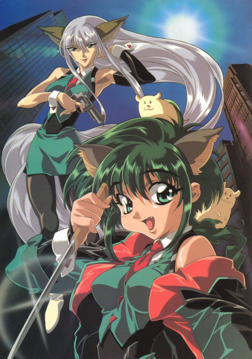 1990s_(style) 2girls absurdres animal_ears blade blue_eyes bokuseiinmonzeninari_sakura gotou_keiji green_eyes highres hyper_police long_hair multiple_girls oerba_yun_fang official_art open_mouth outdoors photoshop_(medium) retro_artstyle sasahara_natsuki_(hyper_police) silver_hair sun very_long_hair