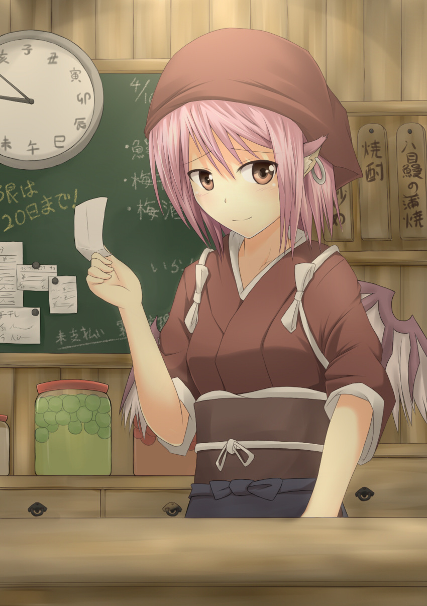 animal_ears apron bad_id bad_pixiv_id bird_ears bird_wings blue_apron brown_eyes brown_kimono chalkboard clock earrings female food_stand head_scarf highres japanese_clothes jar jewelry kimono mystia_lorelei natsuki_teru obi okamisty pink_hair sash short_hair smile solo tasuki ticket touhou wings