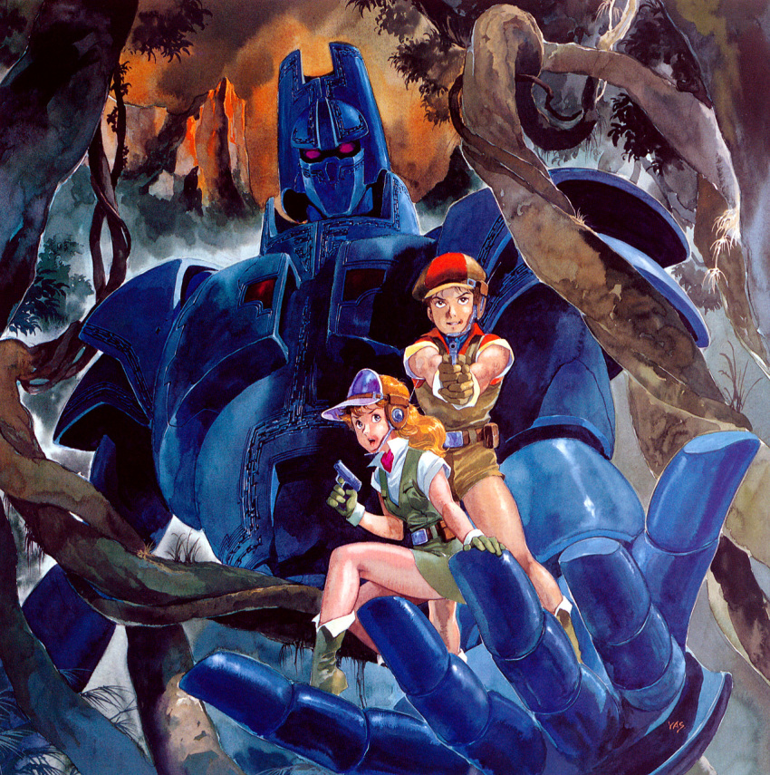 1980s_(style) 1boy boots doris_wave female forest giant_gorg gorg green_footwear gun handgun hat headset highres jungle mecha mountain nature official_art photoshop_(medium) promotional_art retro_artstyle robot science_fiction tagami_yuu tree visor_cap weapon yasuhiko_yoshikazu