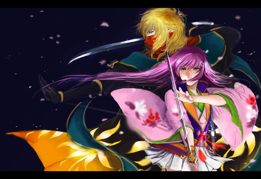 1boy black_background blonde_hair blue_eyes commentary_request female gloves green_eyes harukanaru_toki_no_naka_de harukanaru_toki_no_naka_de_3 heian japanese_clothes kasuga_nozomi kataginu kimono letterboxed long_hair ninja purple_hair ridvan serious sword ur0kin0 weapon