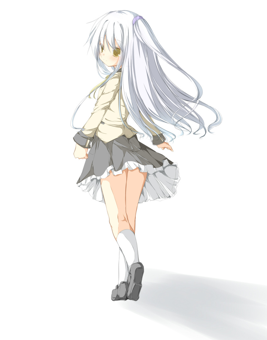 absurdres angel_beats! bad_id bad_pixiv_id blazer female from_behind highres jacket long_hair looking_back school_uniform tabuchi_(tabuchisanchi) tachibana_kanade white_hair yellow_eyes