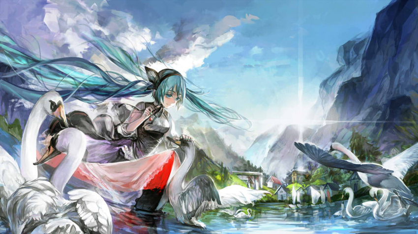 aqua_eyes aqua_hair biiji bird cloud commentary day dress female floating_hair hatsune_miku long_hair mountain sky solo swan switzerland twintails very_long_hair vocaloid water