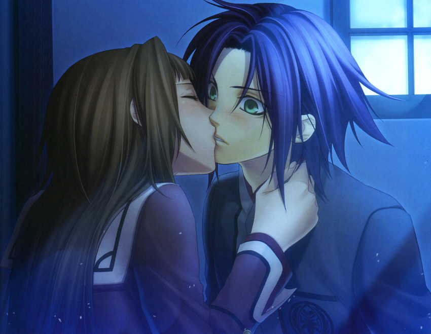 atori_mahiro blue_hair blush brown_hair green_eyes hiiro_no_kakera kasuga_tamaki kissing long_hair