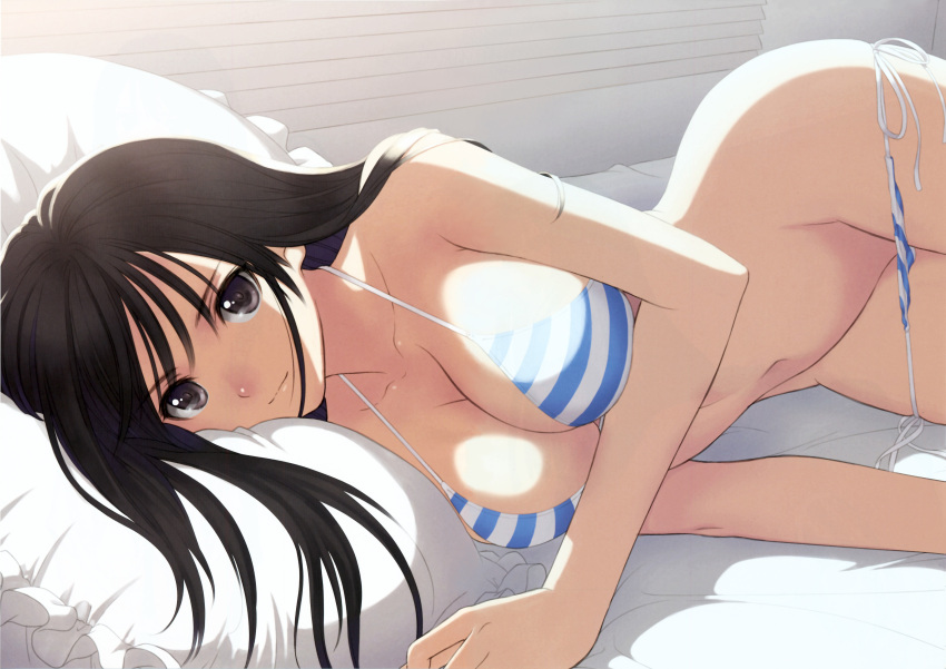 absurdres bad_link bikini bikini_pull black_eyes black_hair breasts cleavage clothes_pull female highres large_breasts lying on_side pillow shining_(series) shining_resonance side-tie_bikini_bottom solo sonia_branche striped_bikini striped_clothes sunlight swimsuit tony_taka