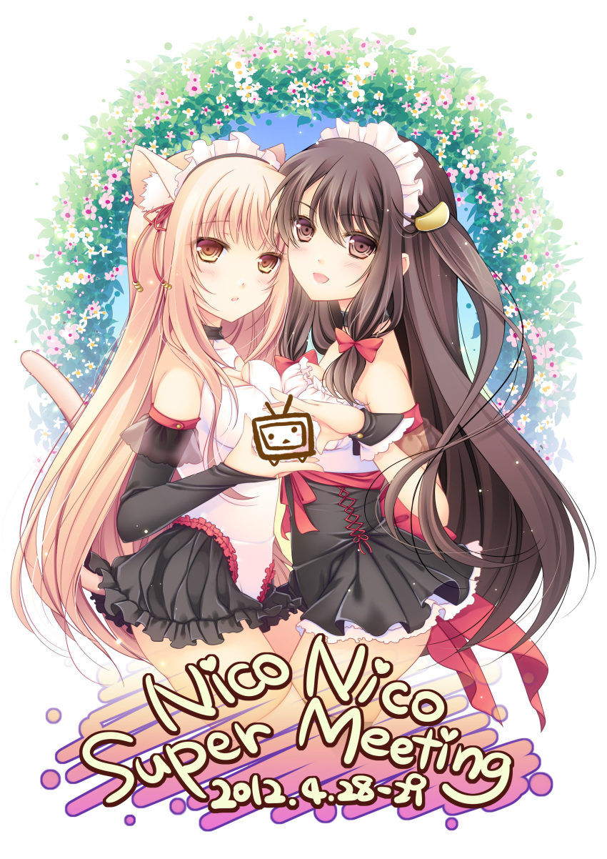 2girls :d absurdres animal_ears black_eyes black_hair bow cat_ears cat_tail cocoa_(cafe-hotcocoa) commentary_request detached_sleeves english_text finger_frame finger_frame_duo frills hair_ornament hairbow hairclip highres long_hair maid_headdress multiple_girls niconico open_mouth original pink_eyes pink_hair smile tail very_long_hair wrist_cuffs