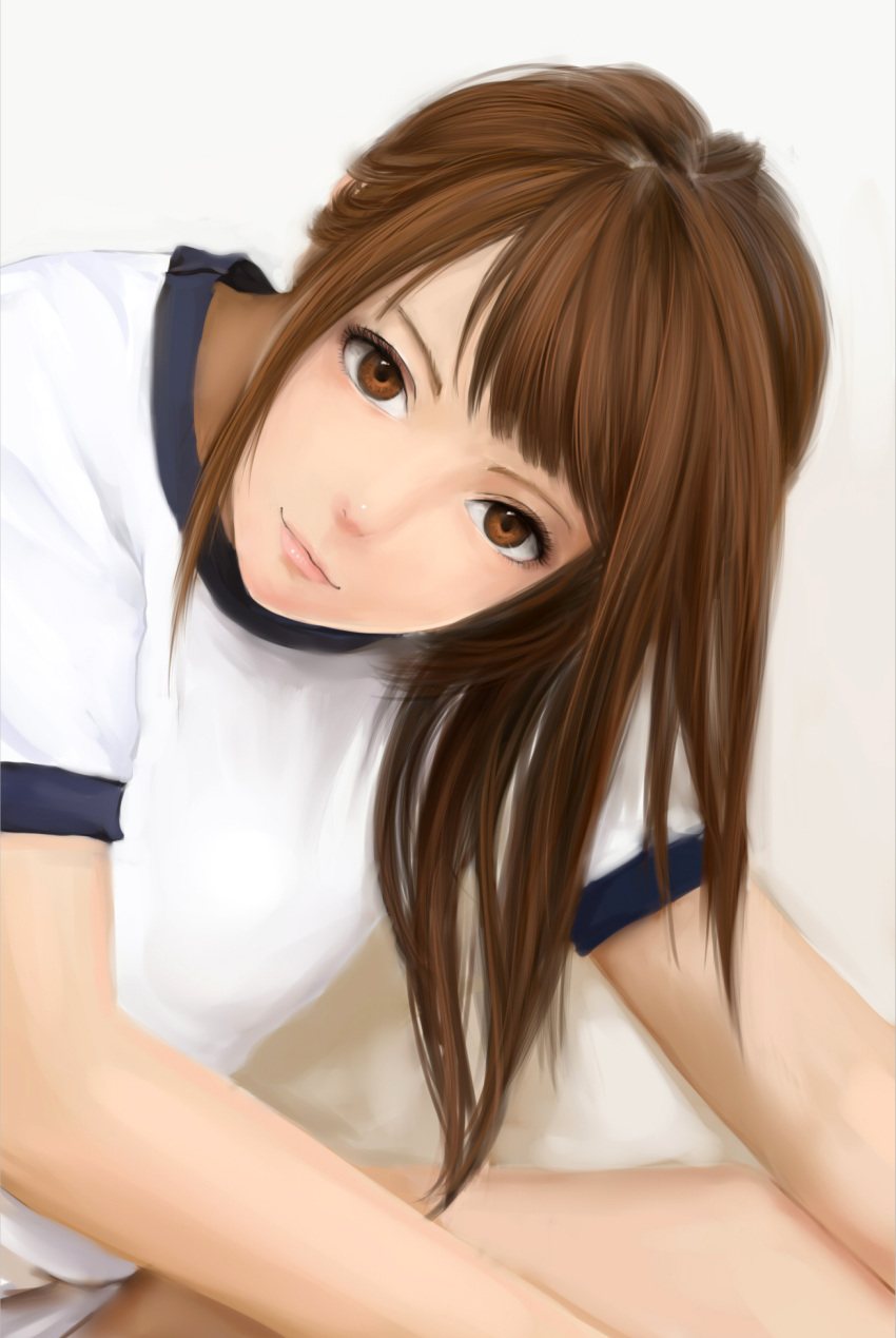 brown_eyes brown_hair commentary_request female gym_uniform highres lips long_hair looking_at_viewer moekyon original solo upper_body