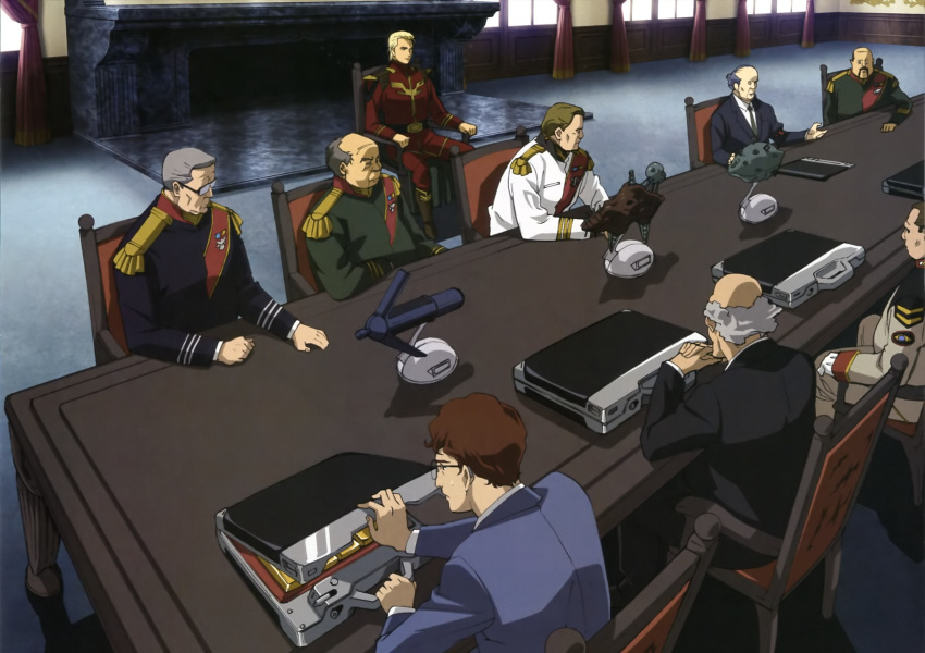 6+boys artist_request bald blonde_hair chair char's_counterattack char_aznable epaulettes formal glasses gold gundam highres meeting military military_uniform model multiple_boys necktie old old_man suit suitcase table uniform