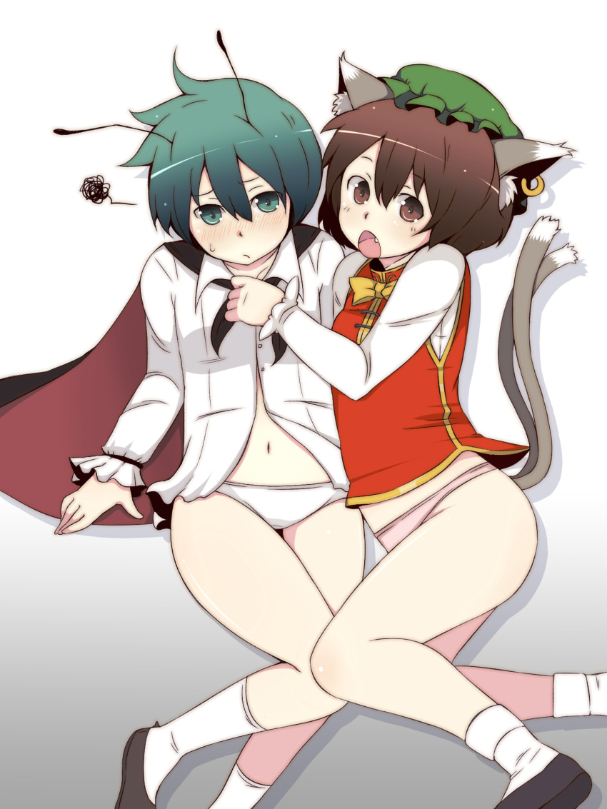 2girls animal_ear_fluff animal_ear_piercing animal_ears antennae bad_id bad_pixiv_id blush brown_eyes brown_hair cape cat_ears cat_tail chen dress_shirt earrings flats green_eyes green_hair hat highres jewelry multiple_girls multiple_tails no_pants oerba_yun_fang open_mouth panties pink_panties shirt short_hair squiggle tail touhou tsukigi underwear white_panties wriggle_nightbug