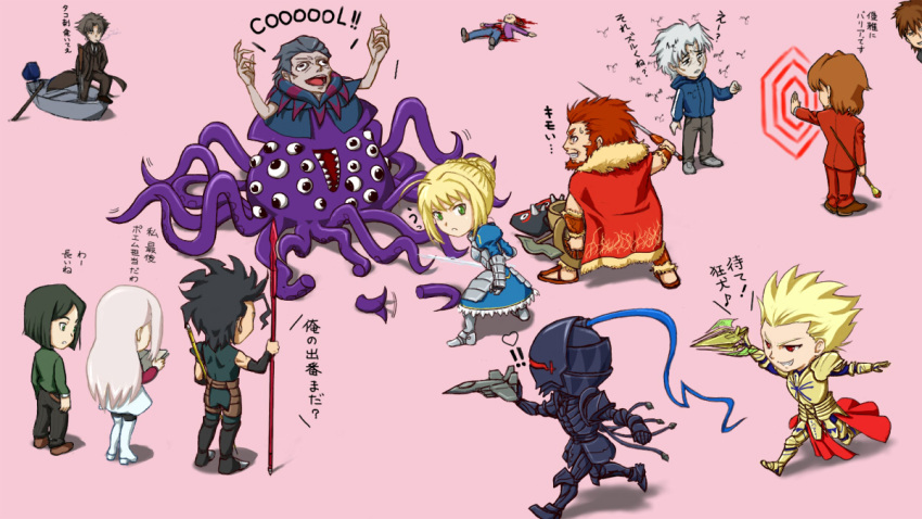 2girls 6+boys artoria_pendragon_(fate) at_field berserker_(fate/zero) boat bug commentary_request crest_worm diarmuid_ua_duibhne_(lancer)_(fate) emiya_kiritsugu everyone fate/zero fate_(series) gilgamesh_(fate) gilles_de_rais_(caster)_(fate) gordius_wheel_(fate) irisviel_von_einzbern iskandar_(fate) kotomine_kirei matou_kariya monster multiple_boys multiple_girls neon_genesis_evangelion pantyhose saber_(fate) shield spoilers tentacle terry1129 thighhighs tohsaka_tokiomi toy_airplane translation_request uryuu_ryuunosuke vimana watercraft waver_velvet