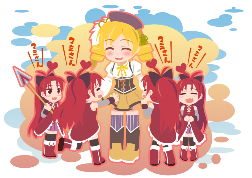 5girls :d aka-kabuto_no_gema antenna_hair blonde_hair blush bow chibi clone closed_eyes commentary_request drill_hair hairbow happy heart long_hair magical_girl mahou_shoujo_madoka_magica mahou_shoujo_madoka_magica_(anime) multiple_girls oerba_yun_fang open_mouth polearm red_eyes red_hair rosso_fantasma sakura_kyoko sakura_kyoko_(magical_girl) smile spear tomoe_mami tomoe_mami_(magical_girl) translated weapon