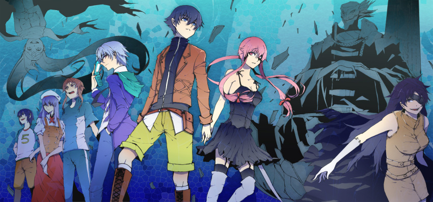 3boys 5girls akise_aru amano_yukiteru black_dress black_legwear blue_eyes breasts bubblepanda cellphone commentary_request deus_ex_machina_(mirai_nikki) dress everyone eyepatch gasai_yuno highres hino_hinata holding_hands jacket kousaka_ouji long_hair md5_mismatch medium_breasts mirai_nikki multiple_boys multiple_girls murmur_(mirai_nikki) nonosaka_mao open_mouth phone pink_eyes pink_hair purple_hair resolution_mismatch short_hair smile source_smaller spoilers thighhighs uryuu_minene