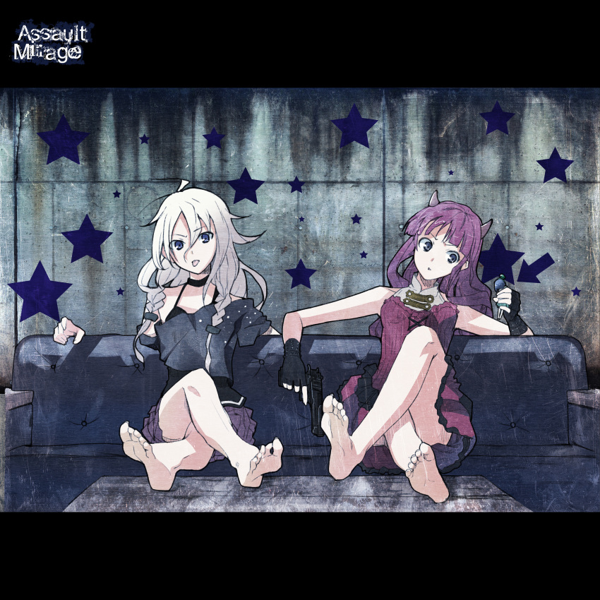 3girls :p absurdres ahoge aoki_lapis arrow_(symbol) assault_mirage_(vocaloid) bare_shoulders barefoot blue_eyes braid commentary_request couch crossover desert_eagle feet fingerless_gloves foreshortening gloves gun hakaine_maiko handgun highres horns ia_(vocaloid) in_palm letterboxed long_hair looking_at_viewer mini_person minigirl multiple_girls off_shoulder partial_commentary purple_eyes purple_hair sitting skirt soles toes tongue tongue_out tourmaline twin_braids utau vocaloid weapon white_hair yada_ei