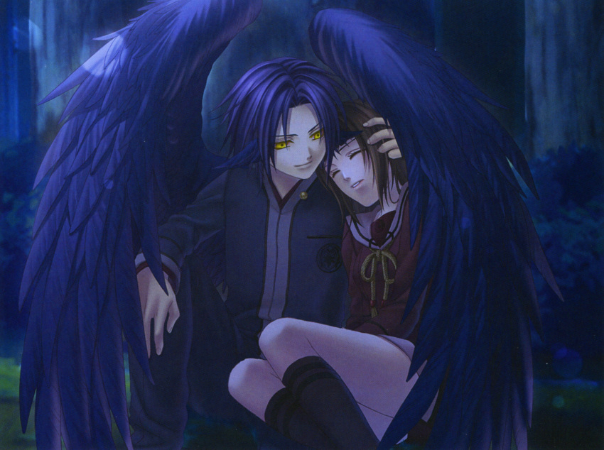 atori_mahiro blue_hair brown_hair hiiro_no_kakera kasuga_tamaki long_hair wings yellow_eyes