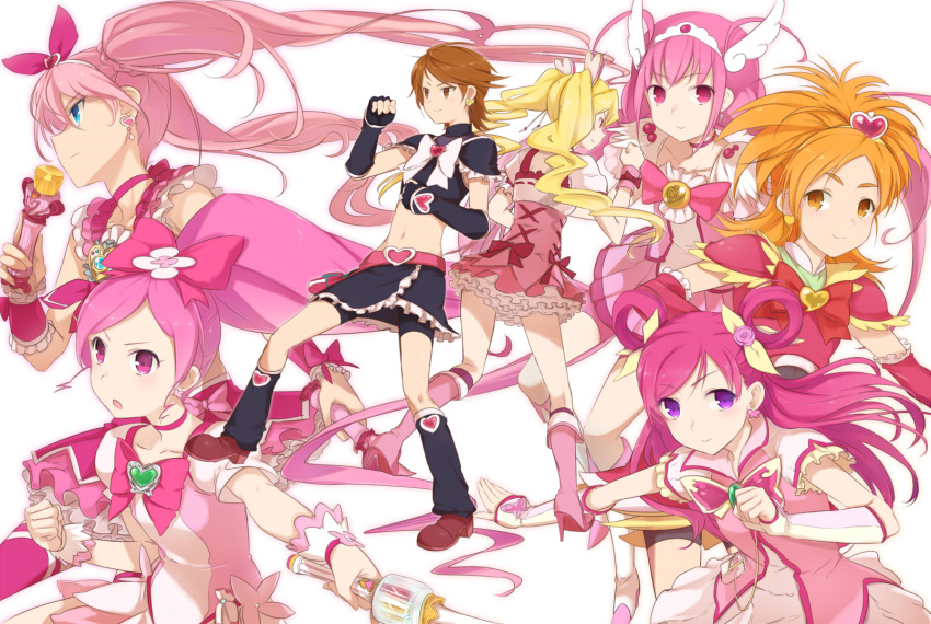 6+girls bad_id bad_pixiv_id bike_shorts boots bow brooch butterfly_brooch choker color_connection cure_black cure_bloom cure_blossom cure_dream cure_happy cure_melody cure_peach flower_tact fresh_precure! futari_wa_precure futari_wa_precure_splash_star hanasaki_tsubomi heart heart_brooch heartcatch_precure! high_ponytail highres hoshizora_miyuki houjou_hibiki hyuuga_saki in-franchise_crossover jewelry knee_boots long_hair magical_girl minatsuki_randoseru miracle_belltier misumi_nagisa momozono_love multiple_girls pink_arm_warmers pink_bow pink_choker pink_footwear pink_hair pink_wrist_cuffs ponytail precure precure_all_stars shorts shorts_under_skirt skirt smile_precure suite_precure white_background wrist_cuffs yes!_precure_5 yumehara_nozomi