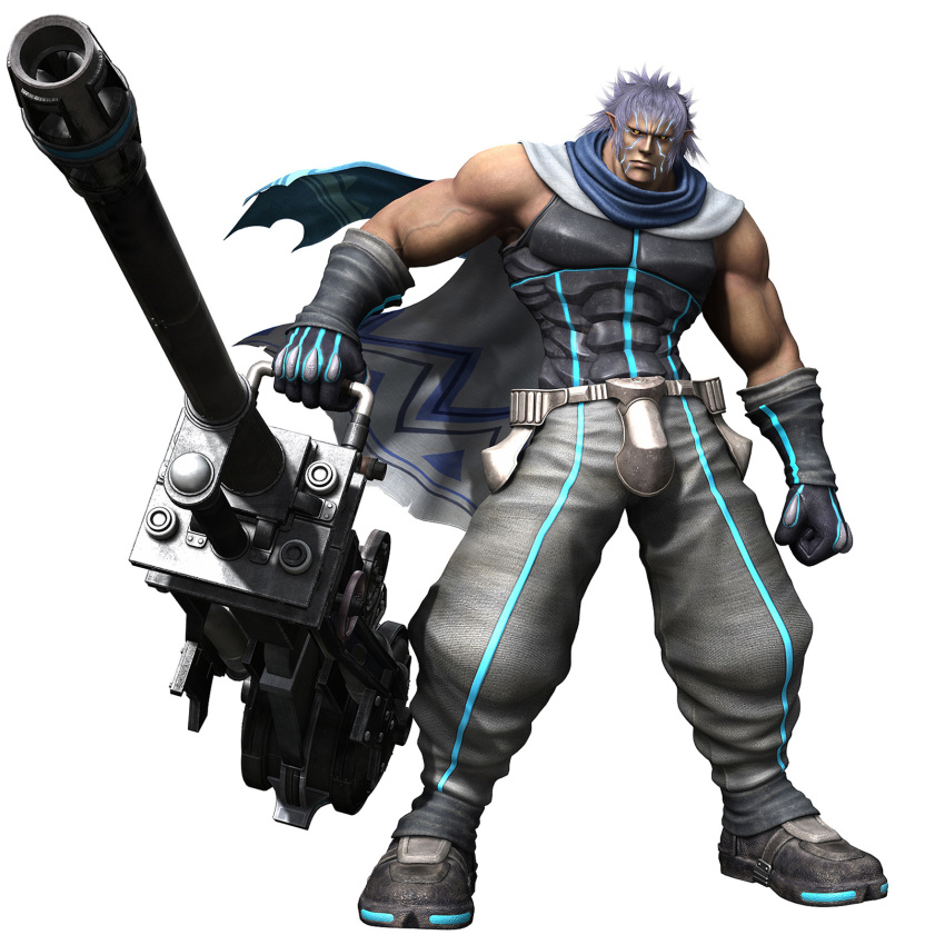 azul_the_cerulean belt boots cape dirge_of_cerberus dirge_of_cerberus_final_fantasy_vii final_fantasy final_fantasy_vii final_fantasy_viii futuristic gauntlets gloves highres male male_focus manly official_art science_fiction short_hair spiked_hair standing thighighs turtleneck weapon