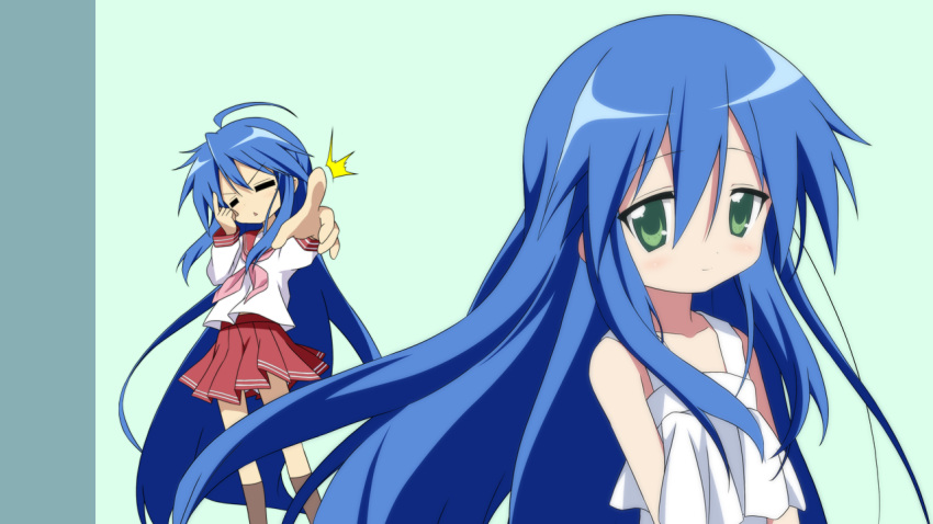 =_= ahoge banned_artist blue_hair dress green_background green_eyes izumi_kanata izumi_konata long_hair looking_at_viewer lucky_star moritan mother_and_daughter multiple_girls pointing ryouou_school_uniform school_uniform serafuku simple_background sleeveless sundress two-tone_background very_long_hair white_dress