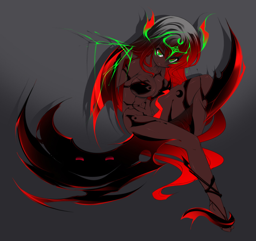 arm_up blade breasts commentary_request crescent dark-skinned_female dark_skin demon_girl evil_grin evil_smile female gradient_hair grey_background grin hand_in_own_hair hooves katami_shinta leg_up looking_at_viewer medium_breasts multicolored_eyes multicolored_hair parted_lips pixiv_mahou_gakuen sitting smile solo